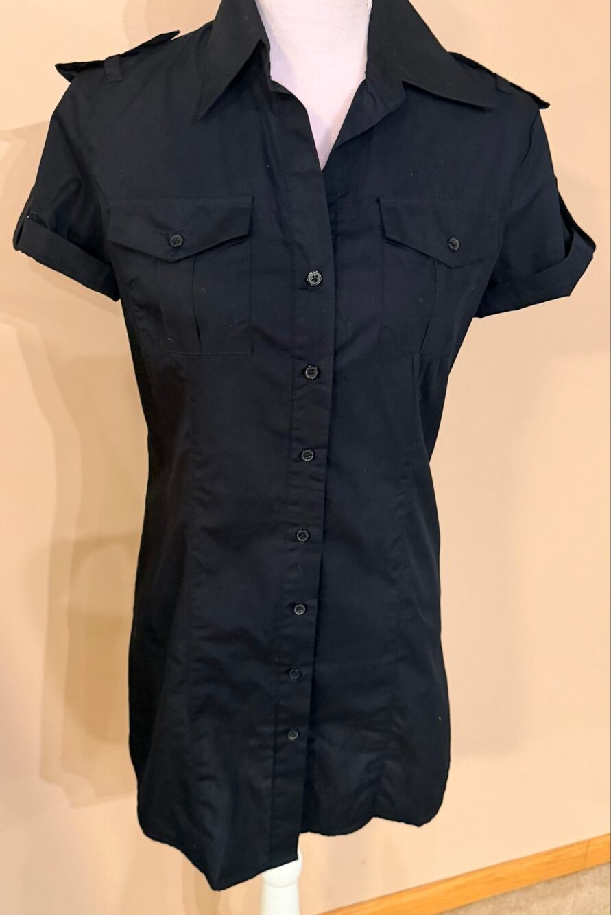 Norma Kamali Black Utility Shirt Dress Short Sleeve Button Front Epaulets SZ XS
